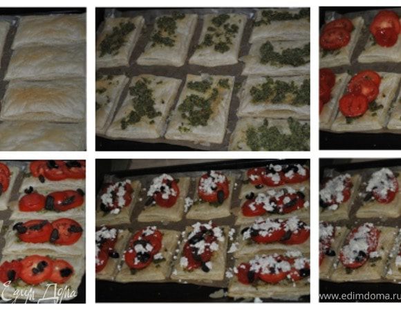 Вынуть будущие пирожки, на каждый положить по пол ч.л. песто, кружочки помидоров, маслины. Посыпать Фетой и Пармезаном.