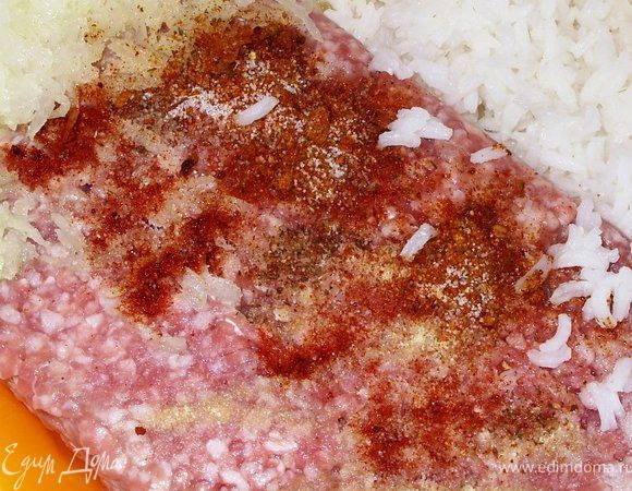 Отварить варочный пакетик риса. Остудить его. В фарш добавить пол пакетика риса, протертый на крупной терке лук, яйцо, соль и специи. Всё тщательно  перемешать. 