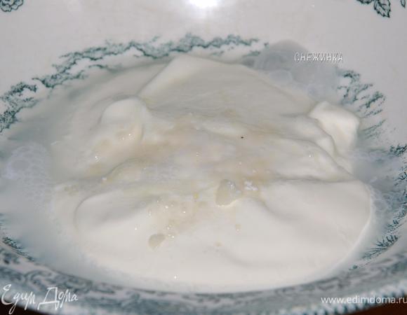 В миску выложить сметану, добавить гашеную соду (можно сделать это в уксусе или лимонном соке), соль, ванилин, водку и перемешать. Оставить.