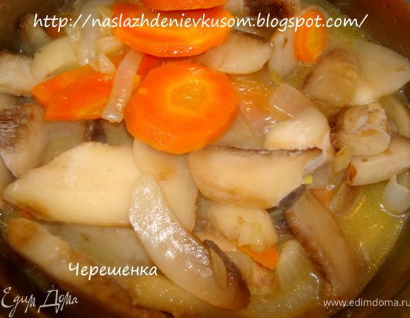 Грибы произвольно нарезать и добавить к овощам… Тушить 10 минут… Я, конечно, завидую тем, у кого дома лежат грибочки, собранные собственными руками, это так здорово! У меня все намного банальнее, шампиньоны… Зато они всегда доступны: и зимой и летом;)) А супчик все-равно получается безумно вкусным!