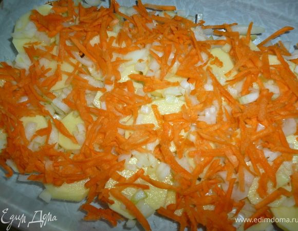 Берем форму для запекания,на дно наливаем немного растительного масла,затем выкладываем слой картофеля и немного лука и морковки,слегка солим и перчим.