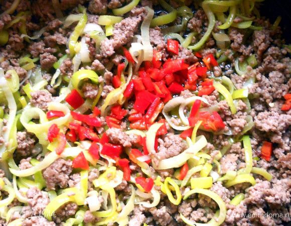 В той же сковороде разогреть немного масла и в нем обжарить фарш, 5-7 минут. Добавить измельченный чили (удалить семена и перепонки - в них вся жгучая сила!) и лук-порей (только белую часть). Готовить еще несколько минут, лук должен немного размягчиться. 