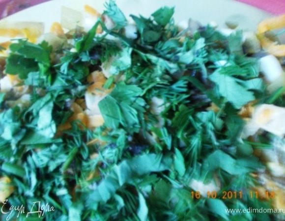 всё перемешать, можно заправить майонезом, но мне кажется это лишнее,   посыпать рубленой зеленью, чтобы поярче было:)
Приятного аппетита!