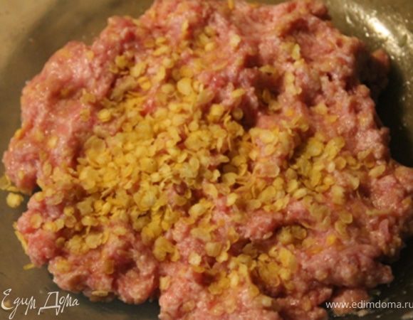 Сделать фарш из куриного филе. Я добавляю репчатый лук. Добавить к фаршу пшенные хлопья Nordic. И я еще добавила свежий натертый на мелкой терке имбирь