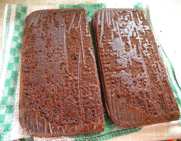 5. Выпекаем бисквит. Смешать отдельно все жидкие инг и отдельно все сухие. Потом соединить вместе. Хорошо перемешать. Влить стакан крутого кипятка при непрерывном помешивании. Перелить в форму. Выпекать при 180 около часа. Если форма разъемная - застрелить бумагой, а то тесто жидкое. Остудить. 