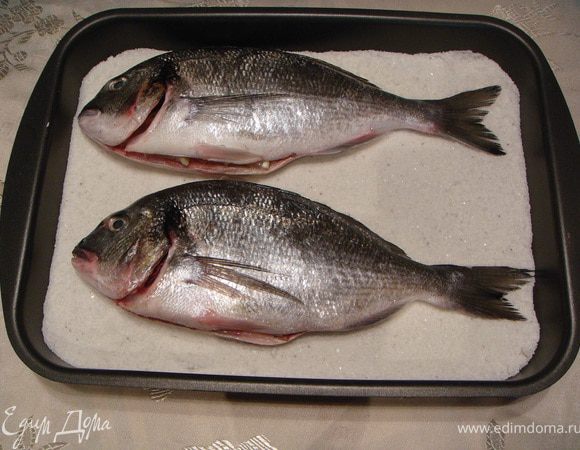 На противень высыпать крупную соль (соли должно быть много: покрыть все дно толстым слоем). Сверху выложить выпотрошенную, вымытую и высушенную бумажным полотенцем рыбу.