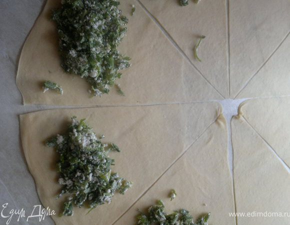 как тесто,подойдет поделить его на 2 части,раскать порезать на 8 частей и положить ложку начинки