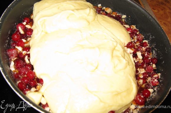 В форму на ягоду вылить тесто и выпекать минут 45 в разогретой до 180 градусов духовке.