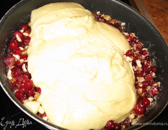 В форму на ягоду вылить тесто и выпекать минут 45 в разогретой до 180 градусов духовке.