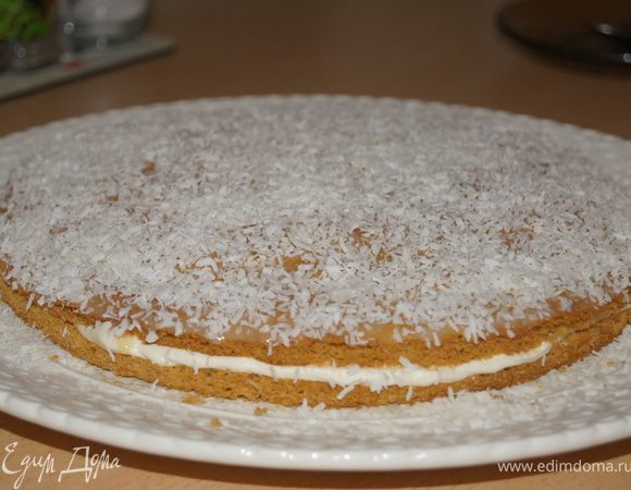 Бисквит разрезать на два коржа, смазать кремом, сверху помазать сгущенным молоком и посыпать кокосовой стружкой.
