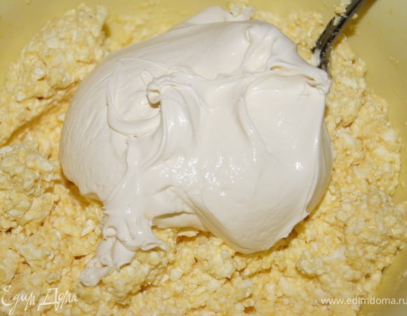 Творог смешать с яйцами, мукой, сахаром и сметаной.