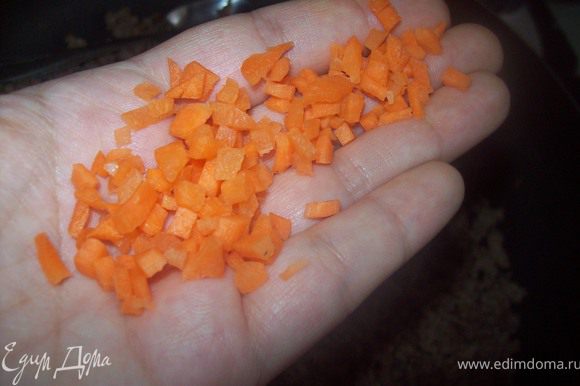 Даем покипеть минут 5. Тем временем занимаемся морковкой. Морковь чистим и режем на мелкие кубики. отправляем в кастрюлю к фаршу