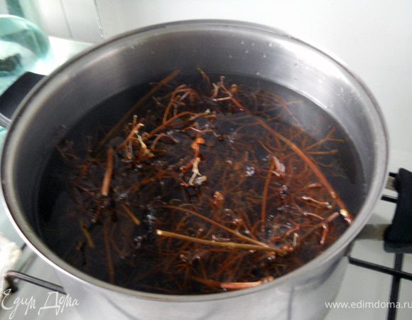 А оборванные веточки калины, хорошо промыв под сточной водой, помещаем в кастрюлю, заливаем водой и доводим до кипения. Кипятим на маленьком огне с не до конца накрытой крышкой 30 минут и процеживаем.