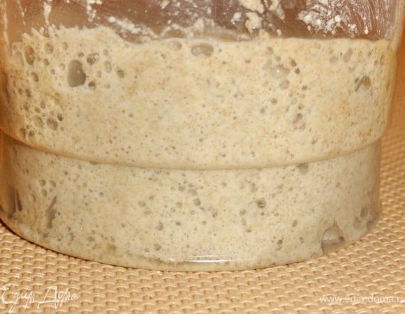 Как я и говорила, сначала готовим закваску. 
Смешайте муку и воду. Накройте салфеткой и уберите в теплое место (25-30 градусов).
По началу ваша «мучная каша» не будет подавать признаков брожения, а вот на вторые сутки она станет «живой»,вы увидите пузырьки, масса начнет увеличиваться.
Ровно через 48 часов, вы добавите еще муки и воды. Перемещайте, накройте и опять уберите в теплое место на 24 часа. Не закрывайте плотно крышкой, иначе закваска может заплесневеть.
