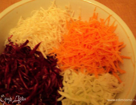 Снять с красной и белой капусты  листья, срезать утолщения. Листики красной и белой капусты сложить по отдельности стопочками, свернуть рулетиком и тонко нашинковать.
Капусту слегка перетереть с солью, в красную капусту добавить немного лимонного сока, перемешать.
Морковку, сельдерей, корень петрушки натереть на терке для корейской морковки. Лук мелко порезать. ½ апельсина очистить от кожицы и пленок, порезать кусочками, добавить в салат. По желания можно добавить немного натертой сырой свеклы и пастернака.
