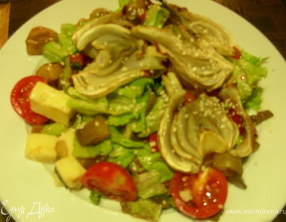 Выкладываем овощи (кроме фенхеля, его лучше сверху выкладывать, так как он хрупкий), сыр, салатные листья в салатницу, заправляем заправкой. Раскладываем по тарелкам, сверрху фенхель, посыпаем базиликом и кунжутом и подаем. Приятного аппетита)