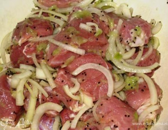 Рецепт этого маринада рассказал мой муж. Привез из командировки, как мне сообщил, от одного шеф-повара. Нарезаем мясо поперек волокон. Крупно режем лук, солим-перчим по вкусу. Все перемешиваем. Очищаем киви и давим руками прямо в мясо. Перемешиваем, слегка разминая. Оставляем минимум на 2 часа, время от времени перемешивая.