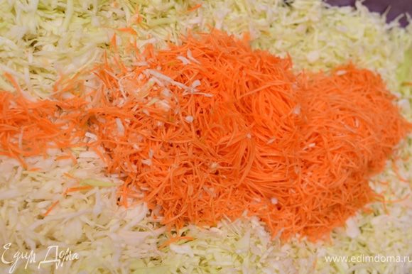 Солим как обычно при засоле (25 гр соли на 1 кг капусты). Капусту, морковь и соль перемешиваем, но не натираем.