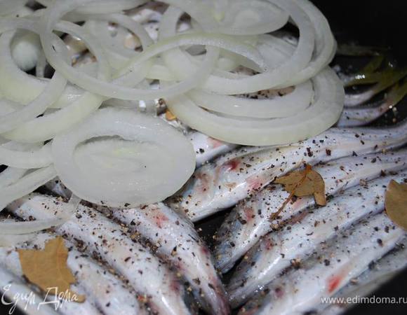 Для приготовления шкары рыбу не потрошат. Просто моем ее и выкладываем слоями в противень либо сковороду. Первый слой- рыба вверх брюшком, второй - порезанный тонкими кольцами лук, солим, перчим, кладем лавровый лист, пару-тройку черных горошин перца, повторяем слой аналогично. 