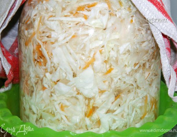 Переложить капусту в банку. Укладывать плотно, но НЕ утрамбовывая! В литровую банку налить воды, насыпать 1 ст.л. соли, хорошо размешать до растворения. Залить капусту. Затем долить еще воды с 1 ст.л. соли. Сейчас мы используем только соль! Вода должна быть не выше горлышка банки, т.к. в процессе брожения она будет подниматься, на всякий случай банку лучше поставить в миску.