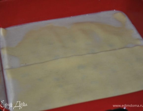 Сварить листы лазаньи. на дно неглубокого огнеупорного блюдо (на 2 л) налить пол стакана соуса. Сверху положить третью часть листов, чтобы полоски лапши немного находили друг на друга. Сверху распределить половину соуса с рыбой и морепродуктами, затем листы, соус, листы и оставленный стакан соуса.. 