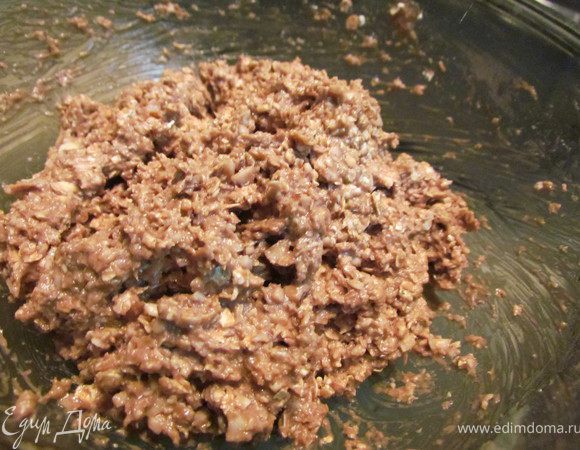 Можно взять кокосовую стружку, но у меня был кокосовый орех и мне надо было его утилизировать. Кокос натереть на терке или измельчить в мелкую крошку в блендере и добавить в яично-масляную смесь. Добавить туда же овсяные хлопья, ванилин и гашеную соду. Хорошо вымешать. Получится густое и липкое тесто.