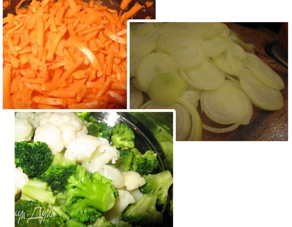 Подготовим овощи.
Морковь натереть на крупной терке, лук режим кольцами. Цветную капусту делим на соцветия.