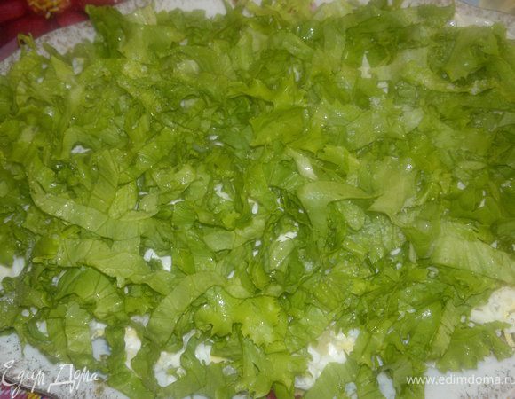 также сверху яйца а на нее разломить или порезать листья салата