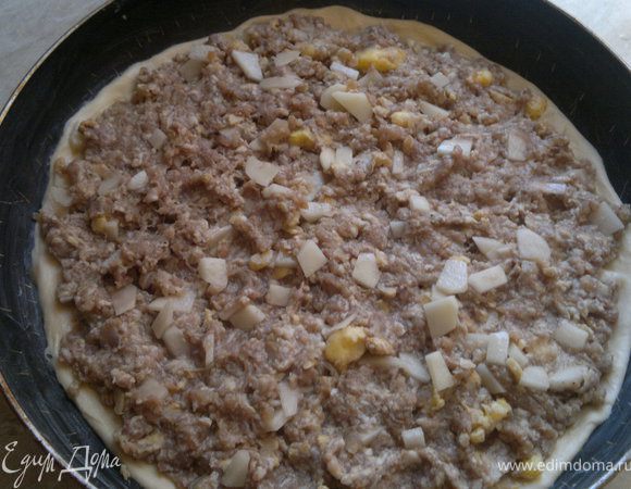 тесто снова раскатываем,кладём на неё фарш 