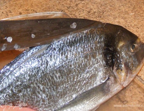 Рыбу очистим от чешуи. Сделаем надрезы вдоль спинного плавника 