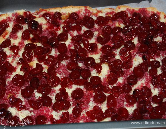 Разрезать бисквит вдоль, если Вы использовали маленькую форму , и бисквит получился высокий. Если форма большая, лучше разрезать бисквит пополам... Одну часть положить в форму. Выложить на него вишню.