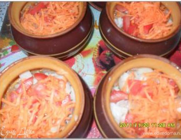 Подготовить горшочки. Положить продукты слоями:
- мясо
- капуста
- лук
- картофель, нарезанный кубиками
- помидоры, нарезанные кубиками
- морковь, натертая на крупной терке
- 1 ст.л. сметаны