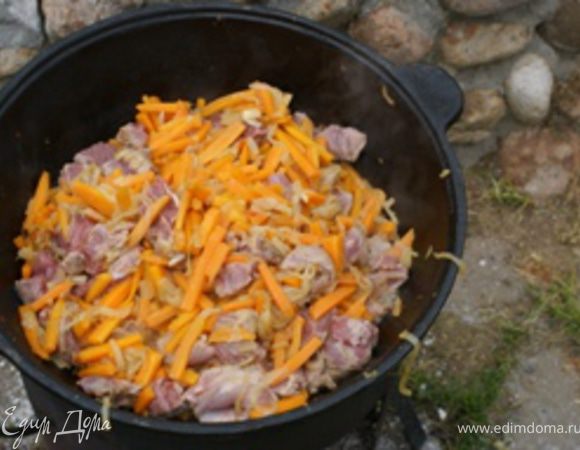 С баранины удалить излишний жир, порезать кубиками 3х3 см и положить в казан. Когда баранина слегка прихватится на огне, посолить. Через 10 минут добавить специи и продолжать тушить еще 10-15 минут. Баранину периодически необходимо помешивать.