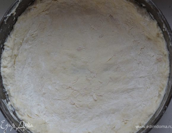 И для того чтобы разложить его в форму присыпаем на комок теста сверху немного муки и нажатием ладонями распределяем тесто.