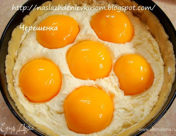 Сверху творожной массы раскладываем половинки персиков срезами вниз и немножко вдавливаем их в творог… 