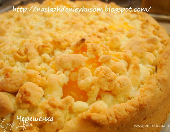 Оставшееся тесто вымесить с 1-2 ложками муки до получения крошки, которую выложить сверху пирога… Я советую Вам сильно не усердствовать и крошки оставить покрупнее, они тогда получаются более нежными… Выпекать в заранее разогретой до 200 градусов духовке на средней полке 40-50 минут до золотистого цвета…