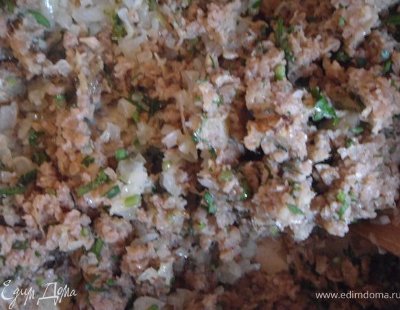 Орехи, чеснок и зелень измельчить мелко, добавить в баклажан. Туда же добавить лук и муку. Посолить, поперчить, перемешать.