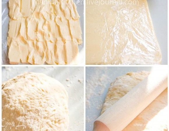 Сливочное масло	300 г

Пока тесто подходит, достаньте из холодильника 300 гр сливочного масла и порежьте его. Расстелите на рабочей поверхности пленку и выкладывайте на нее пластинки масла. Долго не раздумывайте, масло должно оставаться холодным! Теперь задача такая: раскатать масло скалкой в пласт толщиной в 1 см (примерно). Как только с этим покончено - уберите масляный пласт в морозилку минут на 20 (если помните, то он завернут в пленку). Посмотрите, тесто уже подошло. Значит, скалку далеко откладывать не следует. Снова раскатывать, но теперь уже тесто. В пласт, который должен быть в два раза больше масляного.