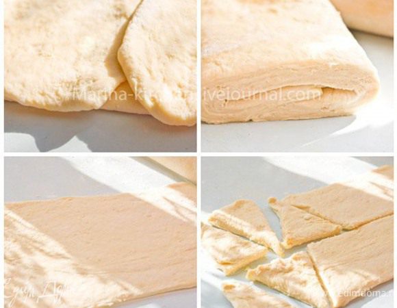 Вот и заслуженный отдых, однако, не продолжительный. Полчаса прошло и тесто нужно снова раскатать в длинную полоску ( раскатывать от себя и к себе). Снова сложить две крайние части к центру. И еще раз сложить (как будто закрываете книгу). Снова заверните в пленку и еще на полчаса в морозилку. На этом моменте можно начинать радоваться и страшно гордиться собой. Потому как вы вышли на финишную прямую. Раскатайте тесто, пусть оно будет не очень толстым (7-8 мм достаточно). Порежьте на удлиненные треугольники.