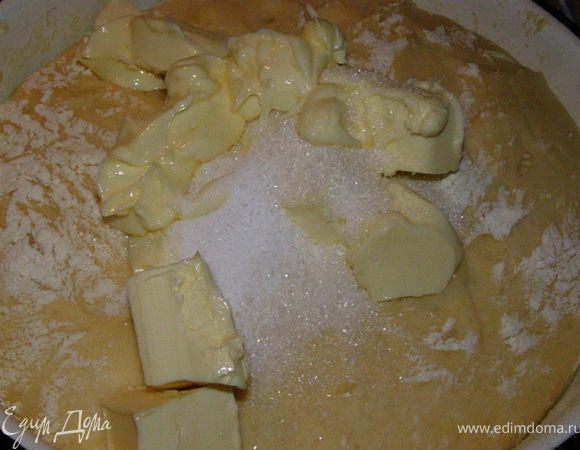 Накроем миску полотенцем, поставим в теплое место, объем теста должен увеличиться вдвое. Моему тесту понадобилось на это около часа. Введем в тесто размягченное сливочное масло, сахар и соль. 