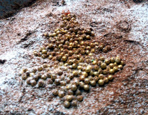 Присыпать смесью какао-порошка, корицы и сахарной пудры (о желанию). Я противник любого украшения тирамису, однако на это раз решил выложить, немного корявую, но все-таки елочку, из кондитерских золотых шариков:) Потом присмотрелся и мне показался блеск посыпки каким-то неблагородным, поэтому елочку припорошил еще немного какао и сахарной пудрой:) 