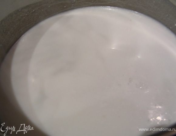 Кокосовое молоко смешиваем с обычным молоком или водой, потщательней, чтобы не было комочков.
