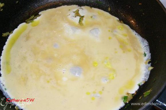 На раскаленную сковороду с маслом выливаем смешанные вилкой яйца. Даем чуть схватиться белку
