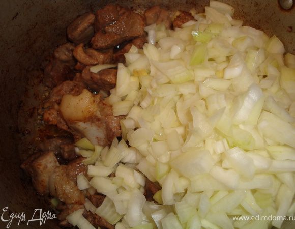 Как я прочитала в одной книжке, для начала нужно приготовить зирвак. Для этого подготовленное мясо нарезать довольно крупными кусками (грамм по 150-200 - написано в книжке, я же порезала помельче - примерно по 70-100 грамм) и обжарить в казанке на хорошо разогретом масле. Добавить подготовленный и нашинкованный (у меня порезанный кубиками) лук.