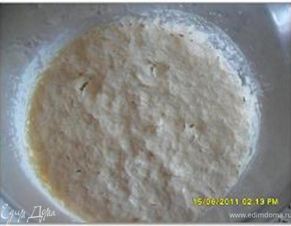 Накрыть плёнкой и оставить на 45-60 минут (опара увеличится почти вдвое).