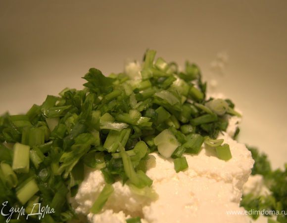 В творог добавляем нарезаную зелень