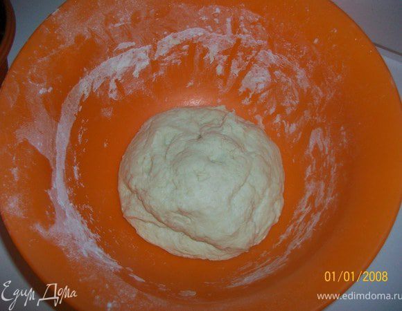 Замесить дрожжевое тесто из вышеуказанных ингредиентов. Для этого в теплой воде смешиваем дрожжи, сахар, соль,добавляем муку, оливковое масло и вымешиваем мягкое эластичное тесто. Скатываем в шар, кладем в миску, накрываем пищевой пленкой и оставляем подходить в теплом месте на час-полтора.