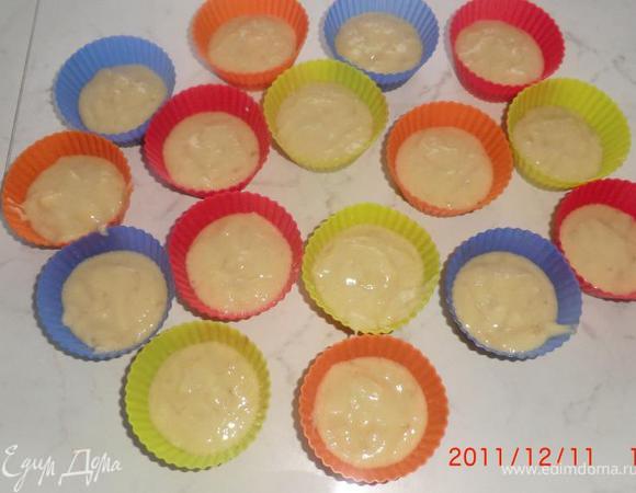 Выложить тесто в смазанные растительным или сливочным маслом формочки (формочки заполнять наполовину), поставить в разогретую до 180 градусов духовку. Выпекать в течение 25-30 минут.