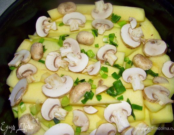 На дно формы положить половину кабачка, сверху грибы.