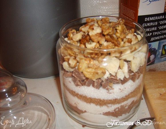 1 слой-0.5 ч.л. соли, 2 слой -100 гр. муки , 3 слой- 3 ст.л. какао-порошка,4 слой-100 гр. муки вместе с разрыхлителем, 5 слой-3 ст.л. с горкой коричневого сахара,6 слой-3 ст.л. белого сахара,7 слой-молочный шоколад измельченный кубиками (или темный, а можно использовать уже готовые шоколадные капли),8 слой-полплитки белого шоколада, также кубиками,9 слой-50 гр. грецких орехов, не крупные кусочки, вместо орехов можно использовать курагу,изюм, чернослив или же все вместе, как у меня)) Закрываем крышкой и перевязываем ленточкой. 
